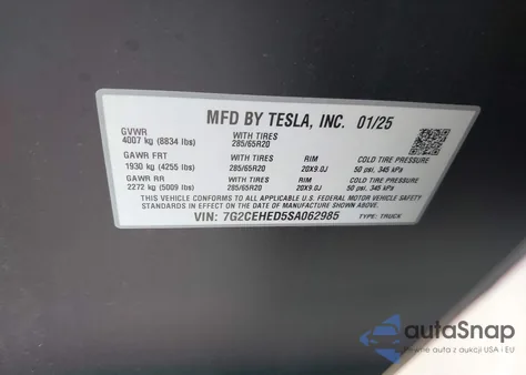2025 Tesla Cybertruck All-Wheel Drive z USA, uszkodzony, nr VIN 7G2CEHED5SA062985